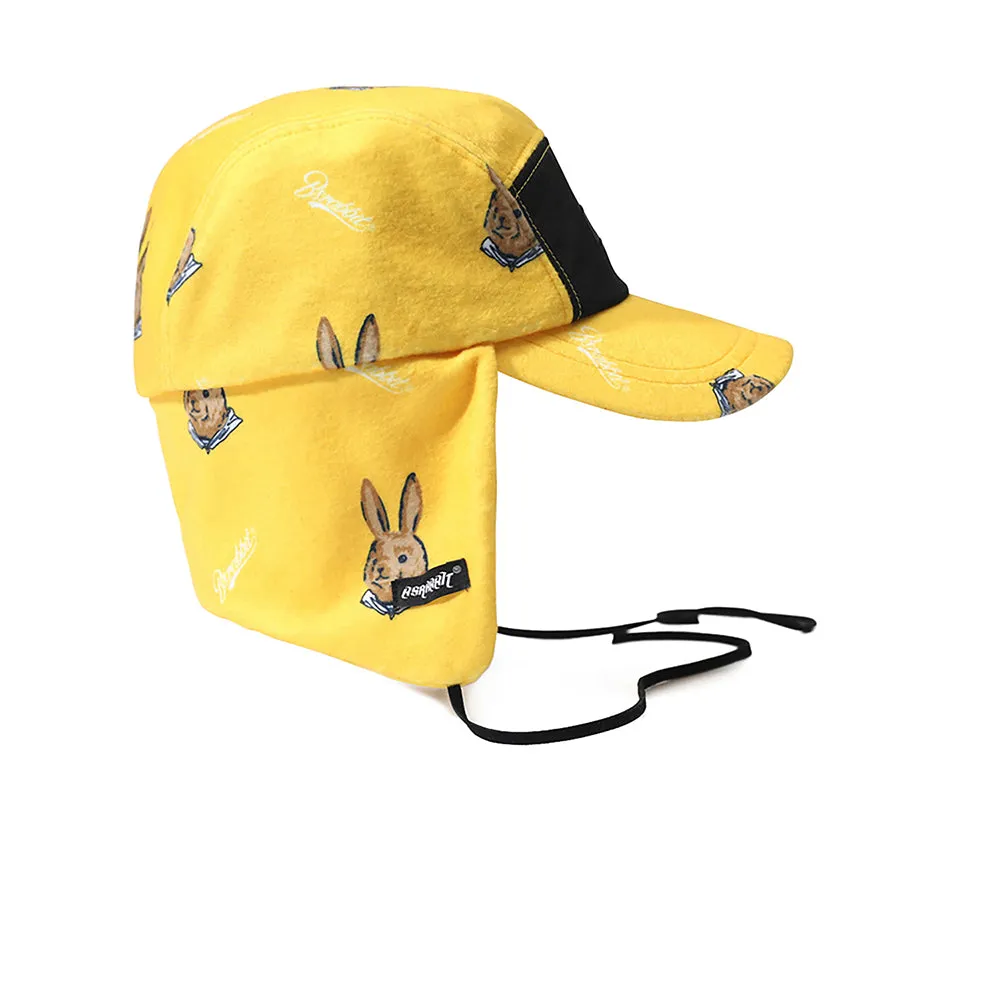 EARFLAP 5 PANEL FLEECE HAT BEAR RABBIT YELLOW