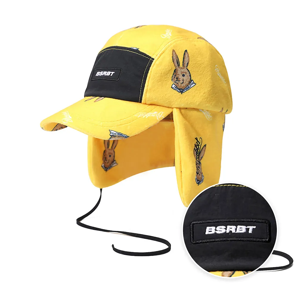 EARFLAP 5 PANEL FLEECE HAT BEAR RABBIT YELLOW