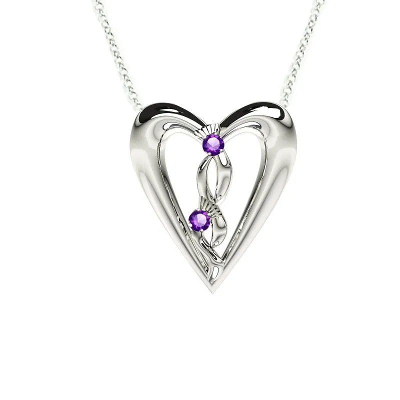 Edinburgh Celtic Thistle Heart Necklace with Amethyst