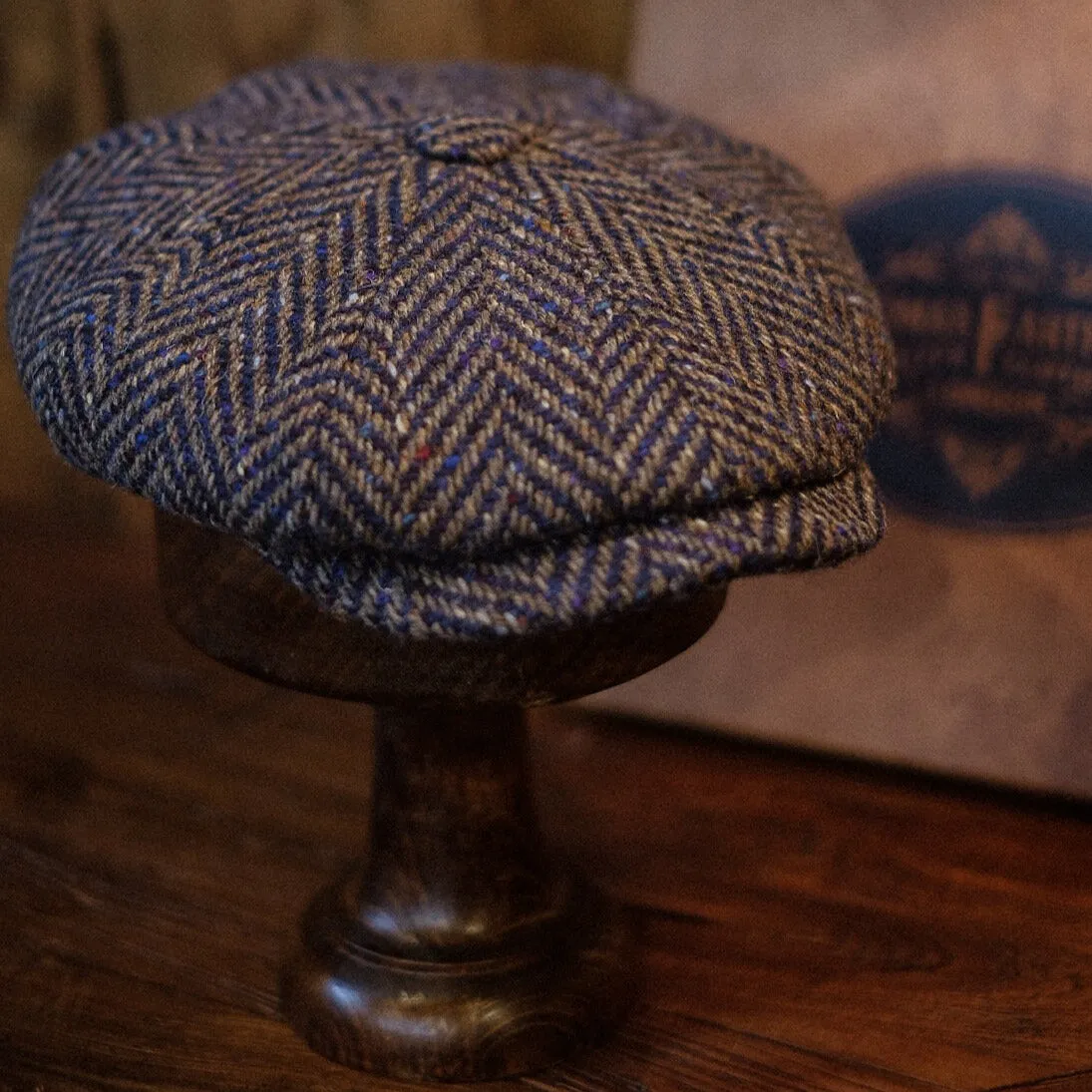 Eight Piece Navy Herringbone Newsboy Cap