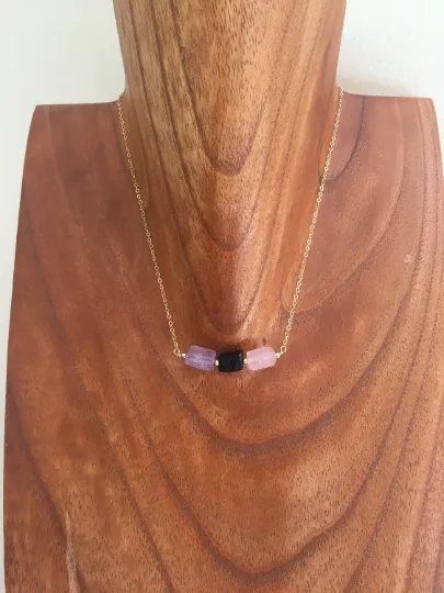 Empath Protection Necklace- Raw Stone Necklace - Grounding Crystal - Healing Jewelry Gift - Black Tourmaline - Rose Quartz - Amethyst