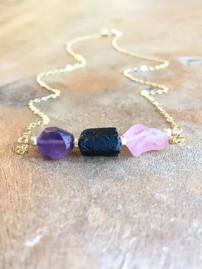 Empath Protection Necklace- Raw Stone Necklace - Grounding Crystal - Healing Jewelry Gift - Black Tourmaline - Rose Quartz - Amethyst