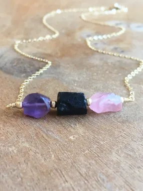 Empath Protection Necklace- Raw Stone Necklace - Grounding Crystal - Healing Jewelry Gift - Black Tourmaline - Rose Quartz - Amethyst