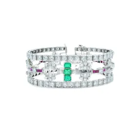 Estate 1930s Platinum Diamond, Ruby And Emerald Bracelet