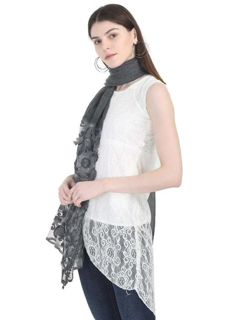 FabSeasons Black Cotton Stylish Scarves with Embroidery for Women