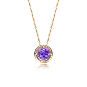 FANCIME Round Amethyst February Birthstone 14K Yellow Gold Necklace