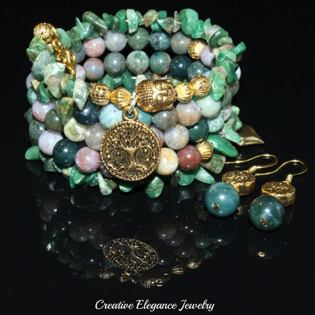 Fancy Jasper And African Jade Gemstones, Charms Cuff Wrap Bracelet And Earrings Set.