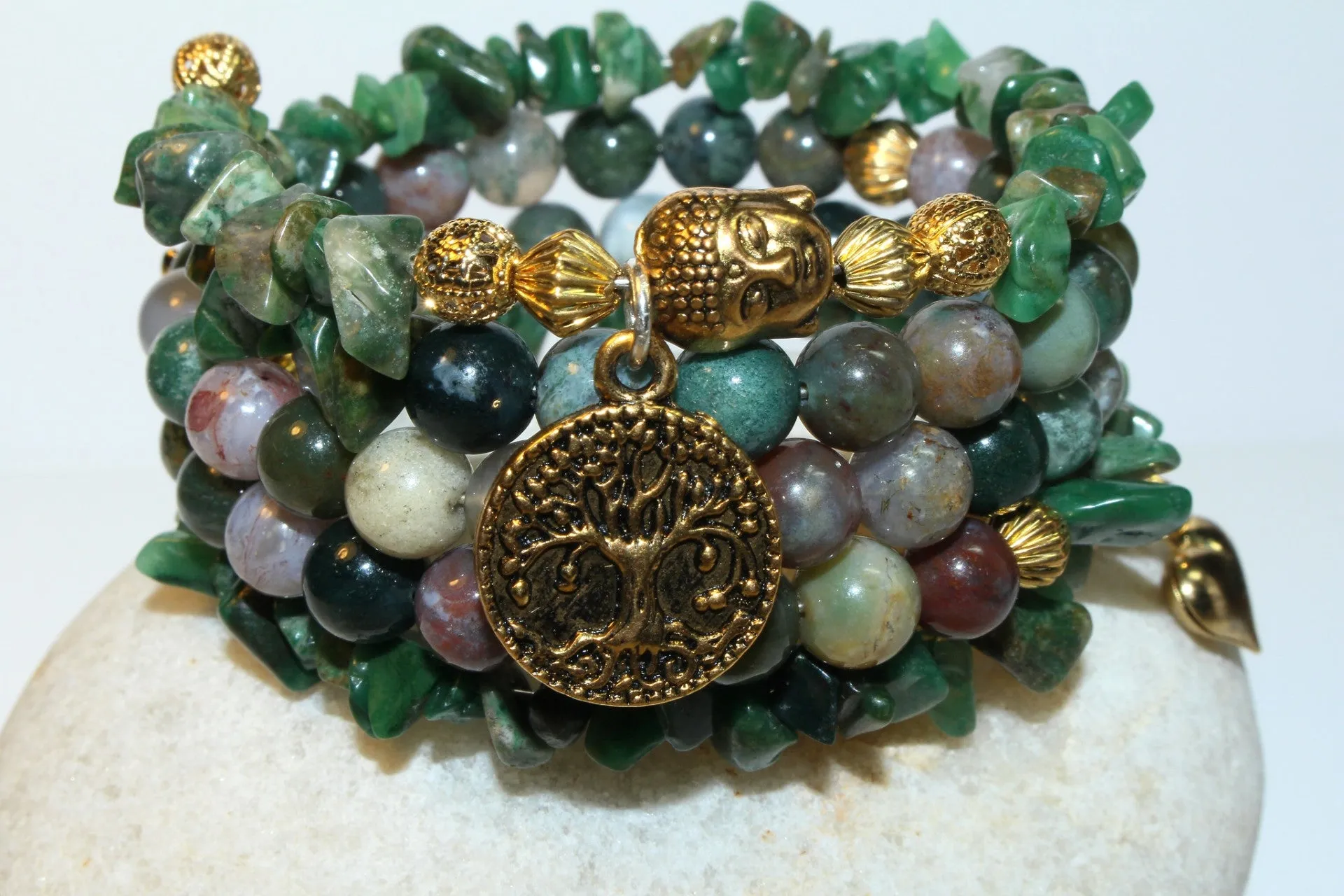 Fancy Jasper And African Jade Gemstones, Charms Cuff Wrap Bracelet And Earrings Set.