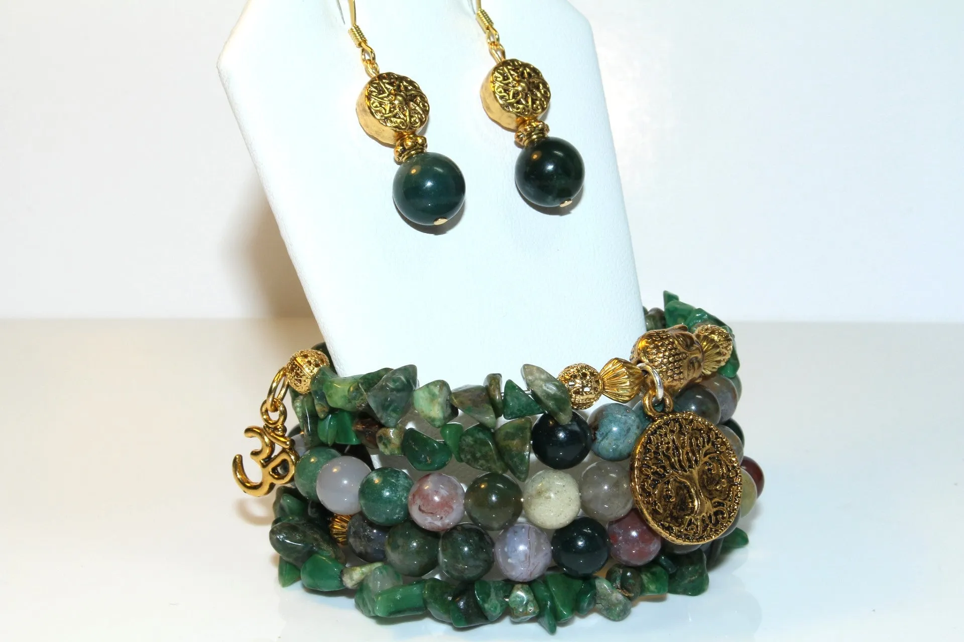 Fancy Jasper And African Jade Gemstones, Charms Cuff Wrap Bracelet And Earrings Set.