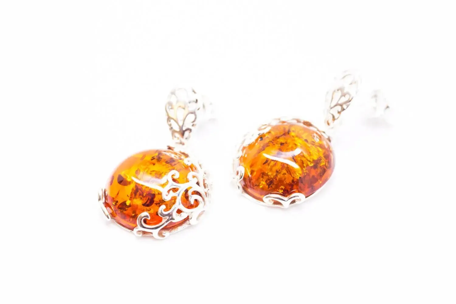 Fiery Amber Filigree Dangle Earrings - Elegant Baltic Amber Drop Earrings in Sterling Silver | Exquisite Handmade Jewelry