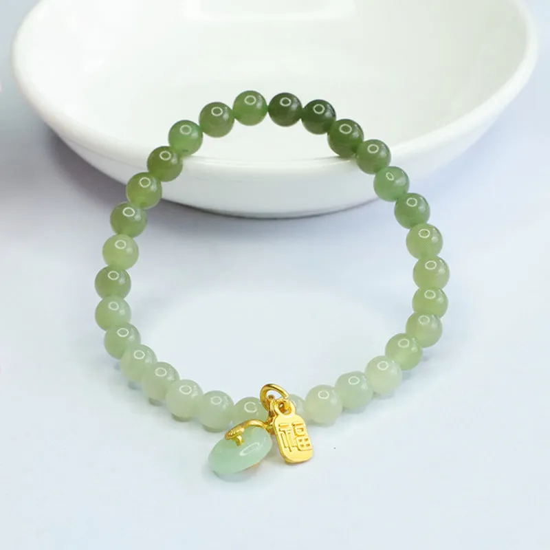 Fortune's Favor Sterling Silver Bracelet with Natural Hetian Jade Qingshui Gradient and Ping An Clasp for Women