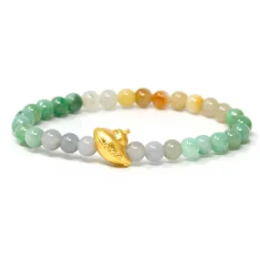 Genuine High-quality Jade Jadeite Bracelet Bangle with 24k Yellow Gold UFO Charm Colorful  #418