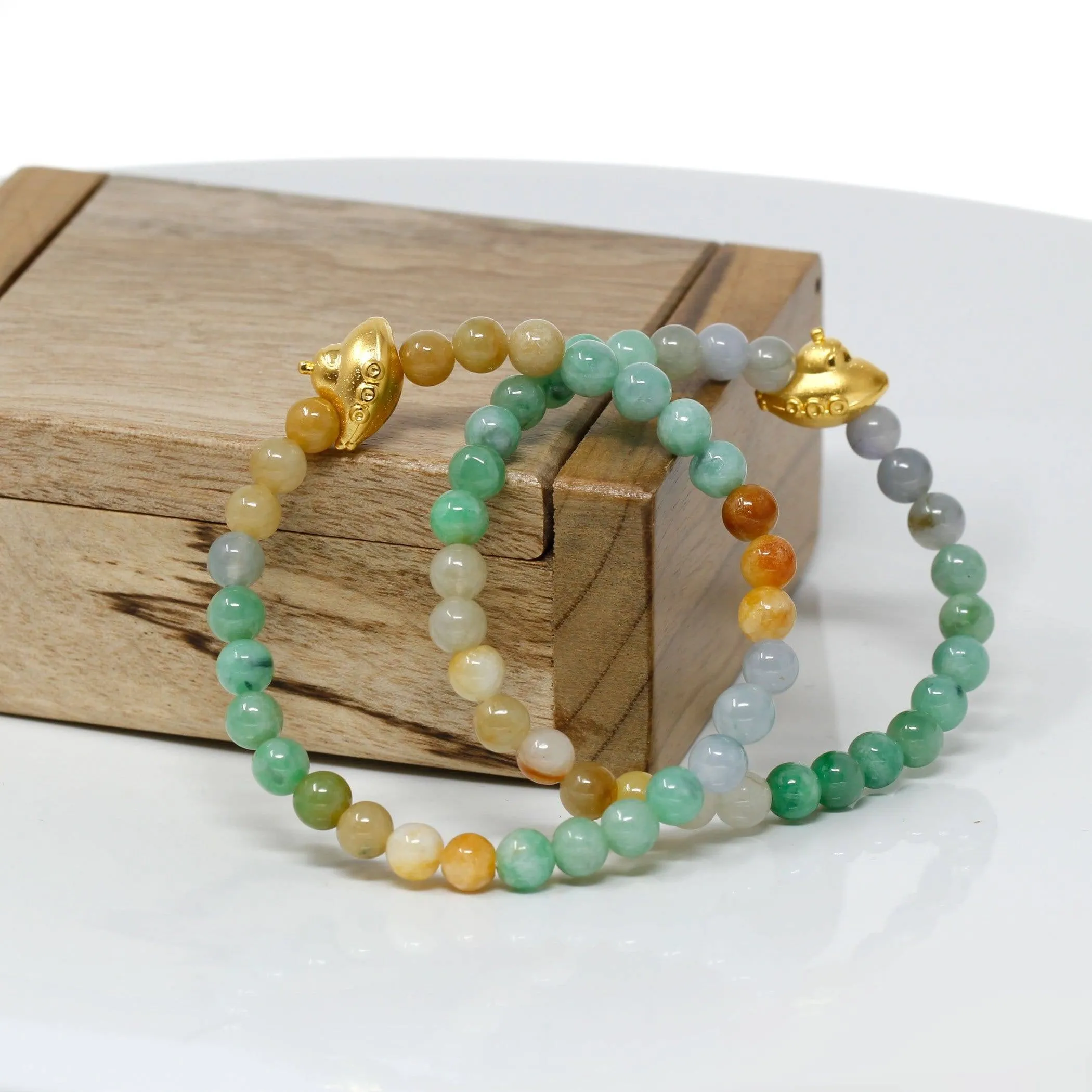 Genuine High-quality Jade Jadeite Bracelet Bangle with 24k Yellow Gold UFO Charm Colorful  #418