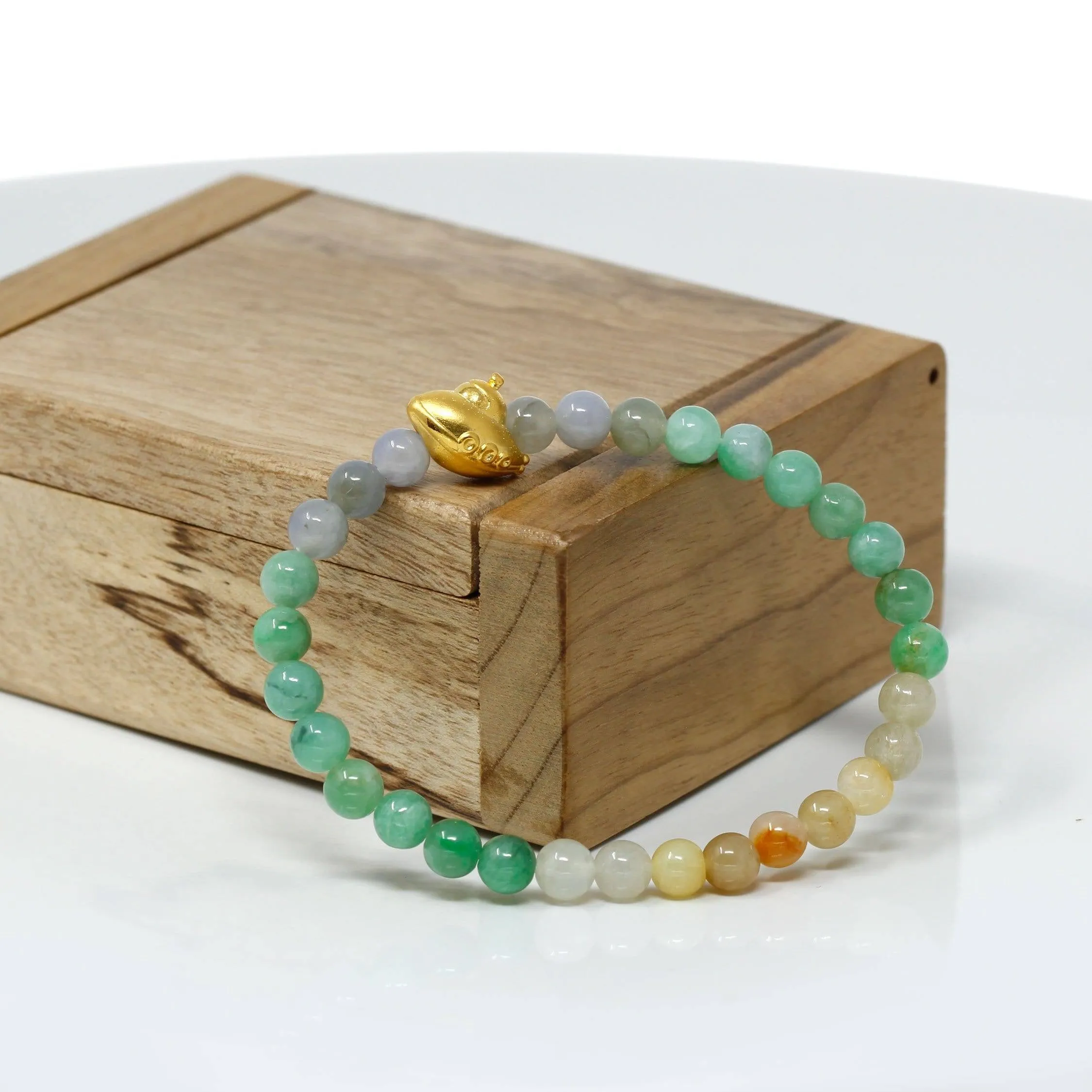 Genuine High-quality Jade Jadeite Bracelet Bangle with 24k Yellow Gold UFO Charm Colorful  #418