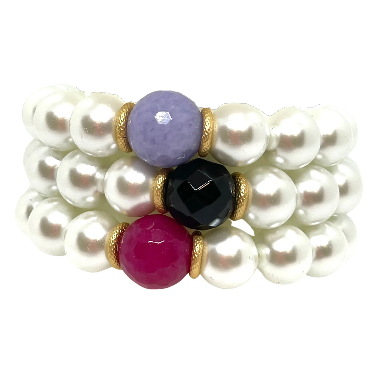 Glass Pearl With 14mm Black Jade And Matte Gold Rondel Accents Stretch Bracelet