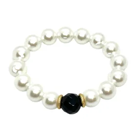 Glass Pearl With 14mm Black Jade And Matte Gold Rondel Accents Stretch Bracelet