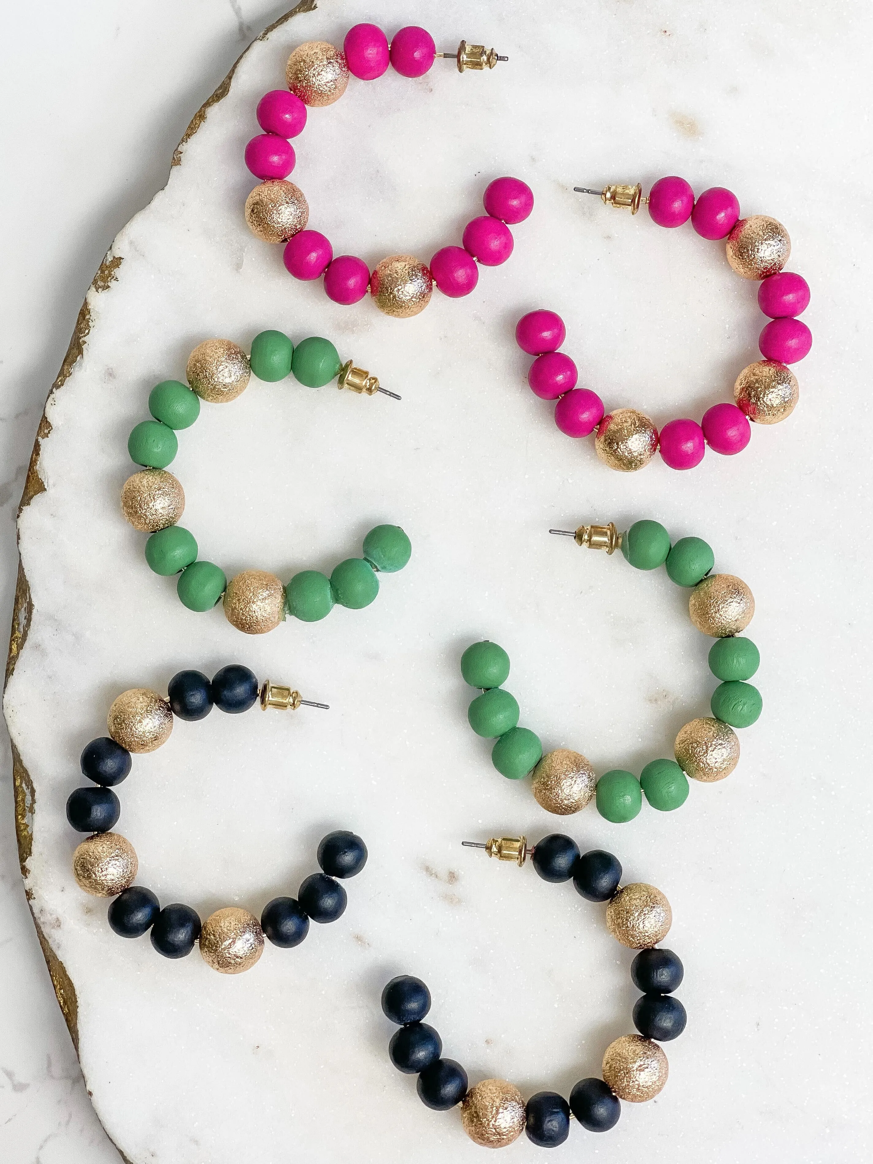 Gold & Color Bead Hoop Earrings - Pink