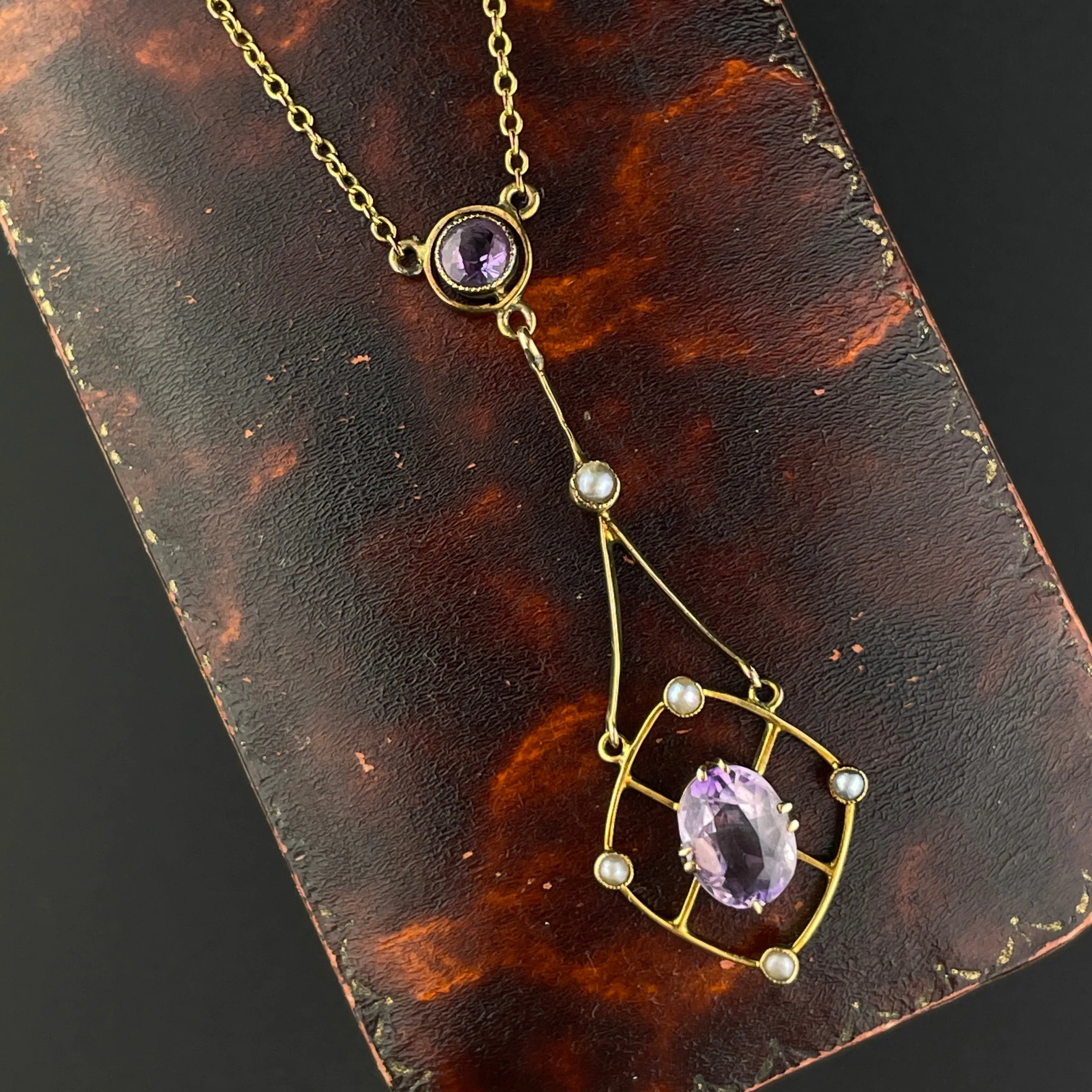 Gold Pearl Amethyst Lavalier Pendant Necklace