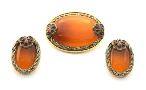 Gold Plated Amber Glass Brooch & Earrings Set - Vintage Fashion Jewellery