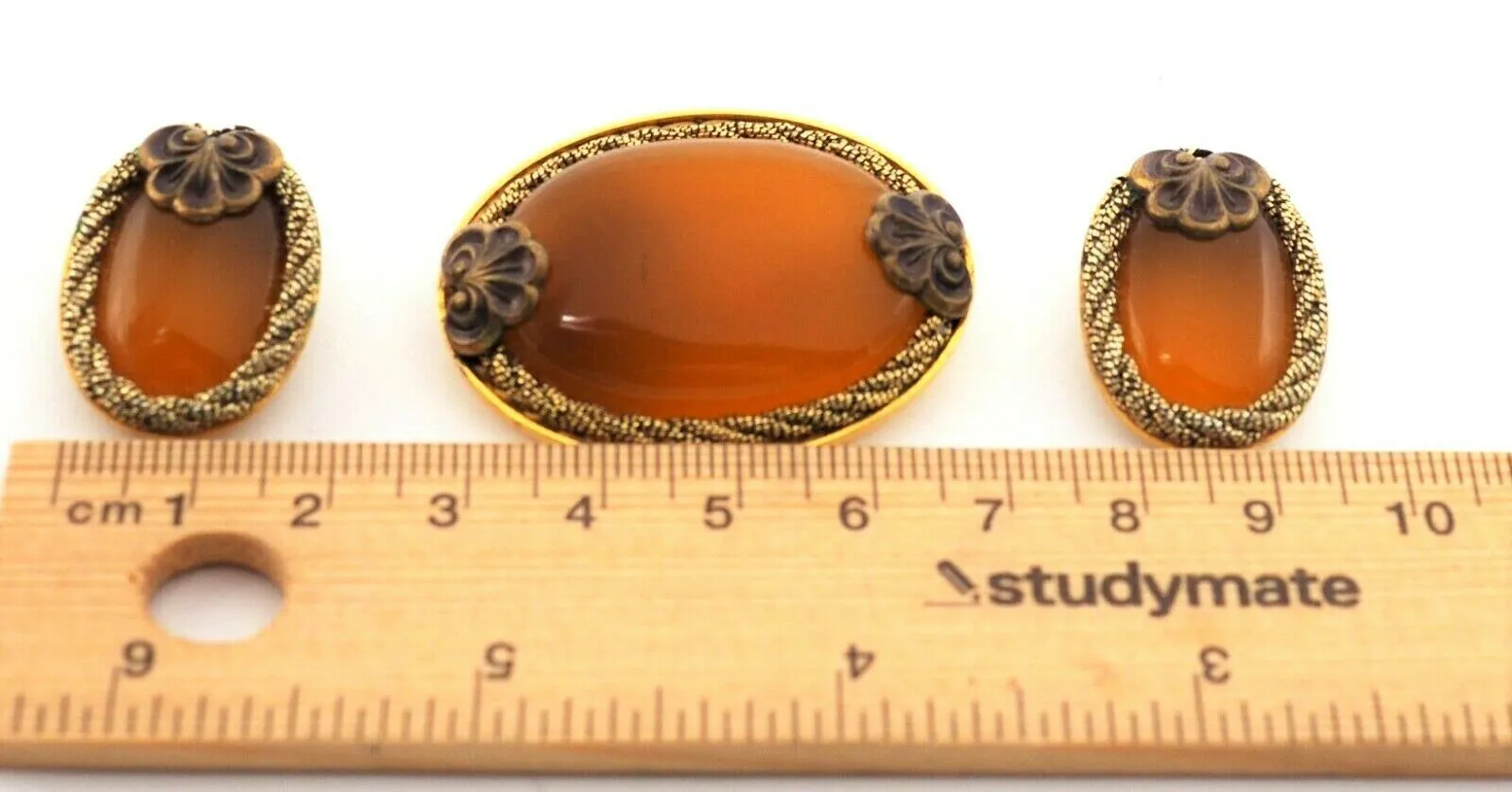 Gold Plated Amber Glass Brooch & Earrings Set - Vintage Fashion Jewellery