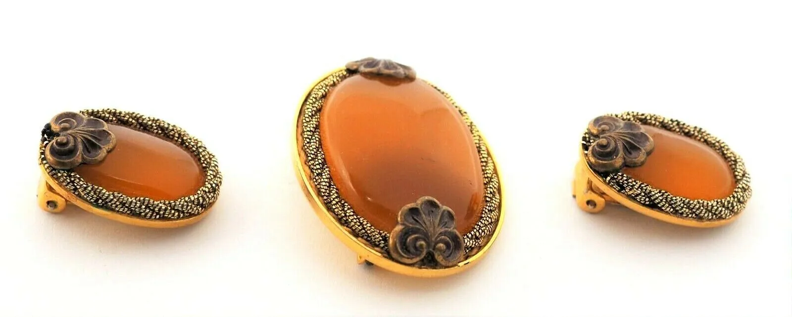 Gold Plated Amber Glass Brooch & Earrings Set - Vintage Fashion Jewellery