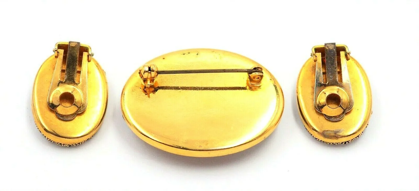 Gold Plated Amber Glass Brooch & Earrings Set - Vintage Fashion Jewellery