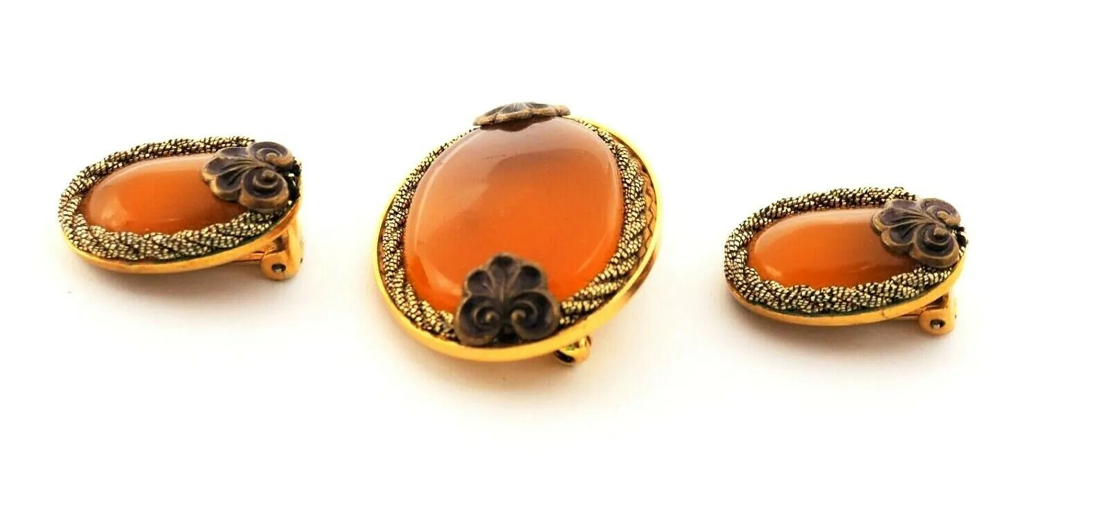 Gold Plated Amber Glass Brooch & Earrings Set - Vintage Fashion Jewellery