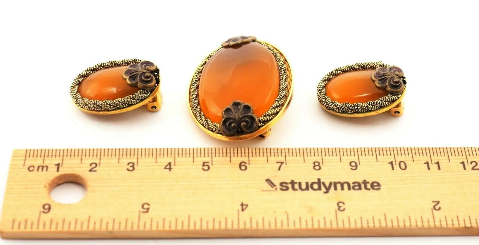 Gold Plated Amber Glass Brooch & Earrings Set - Vintage Fashion Jewellery