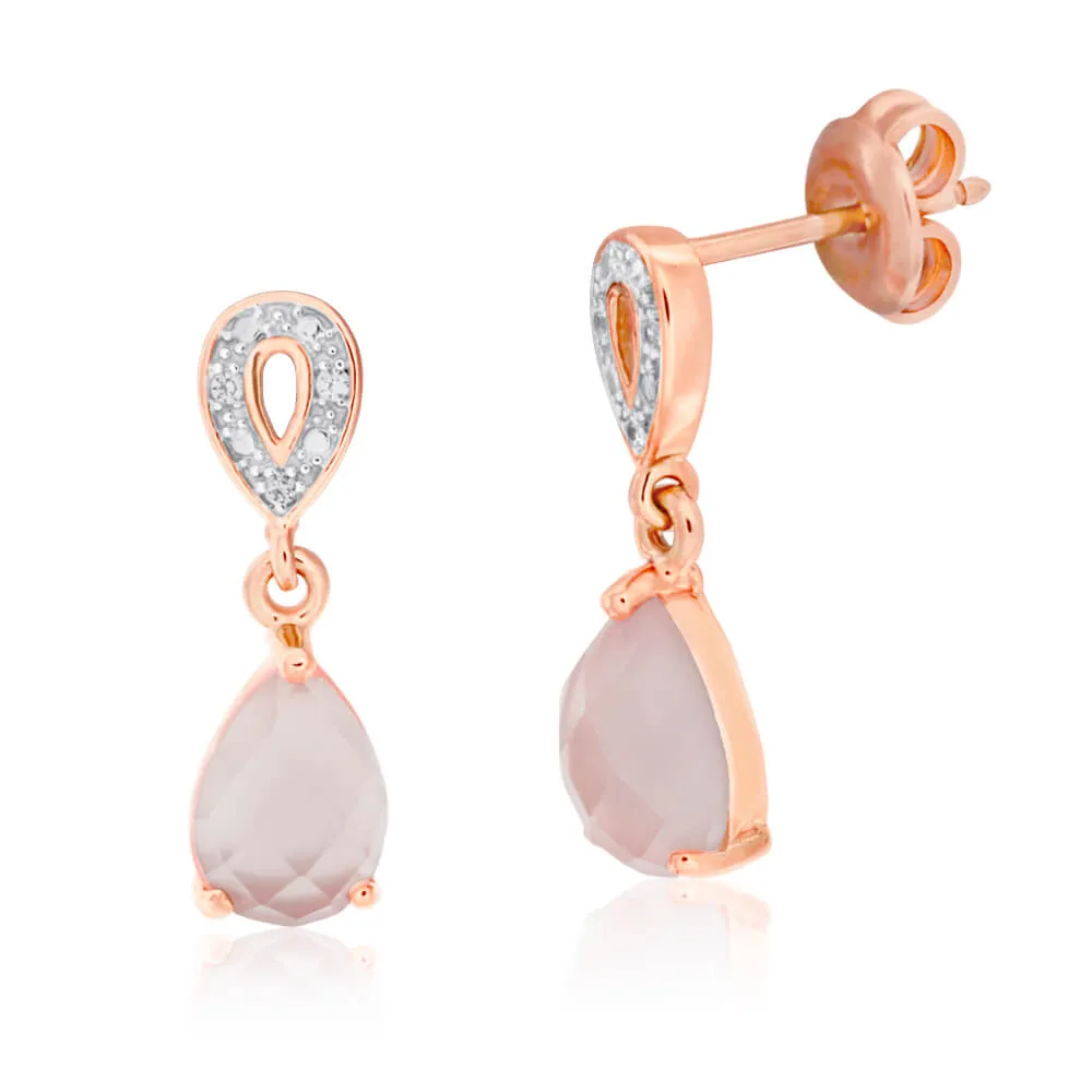 Gold Plated Sterling Silver Cubic Zirconia   Rose Quartz Drop Earrings