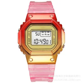 Gradient Color Small Square Multi-Function Electronic Watch Korean Fashion Trendy Outdoor Sports Waterproof Children's Color Watch