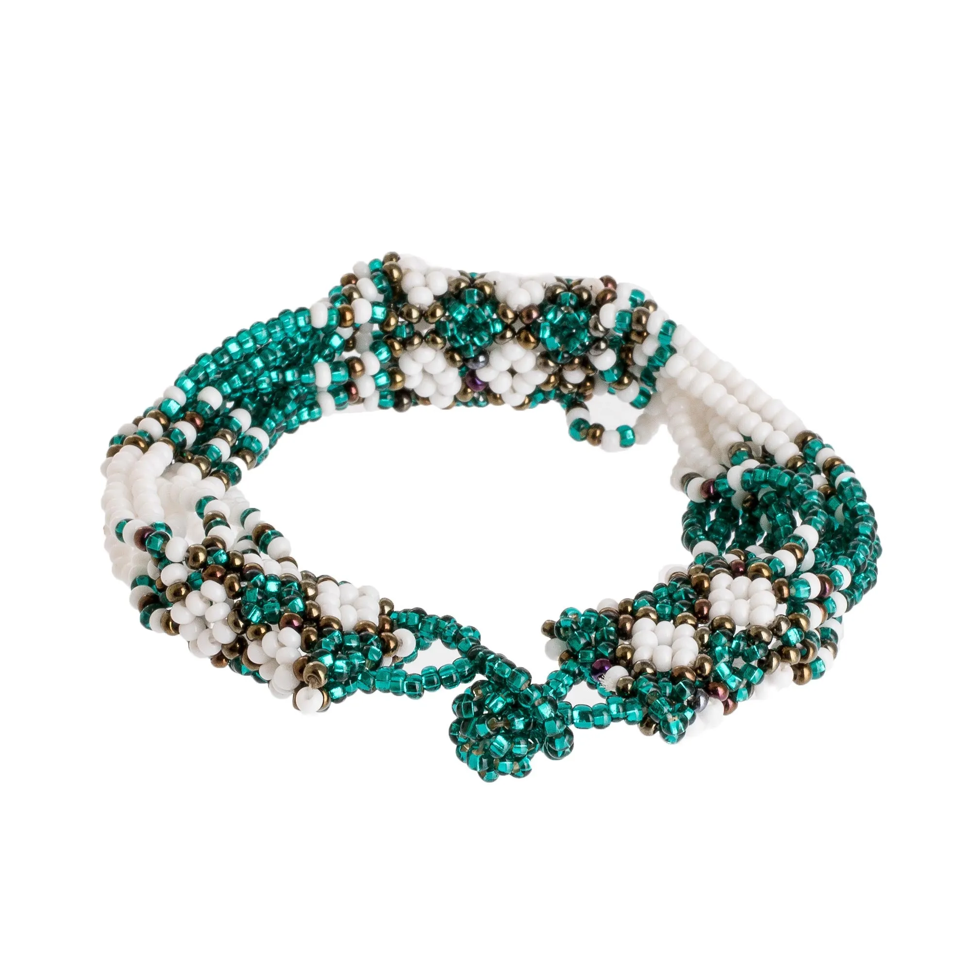 Green and Bronze Beaded Bracelet - Flower Harmony in Emerald | NOVICA