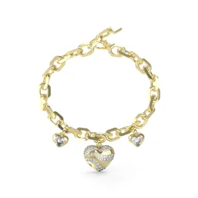 Guess Gold Plated Stainless Steel Multi Crystal Hearts Charm Bracelet