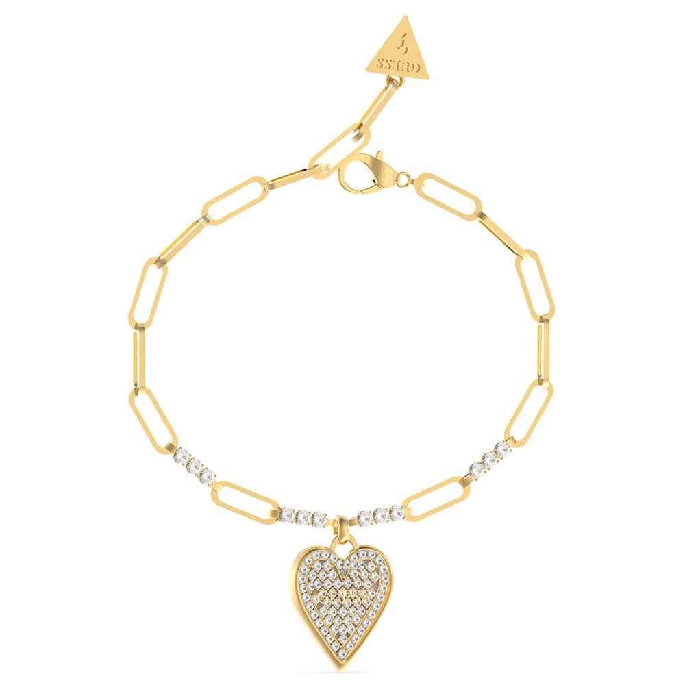 Guess Stainless Steel Gold Plated Pave Heart Crystal Bracelet