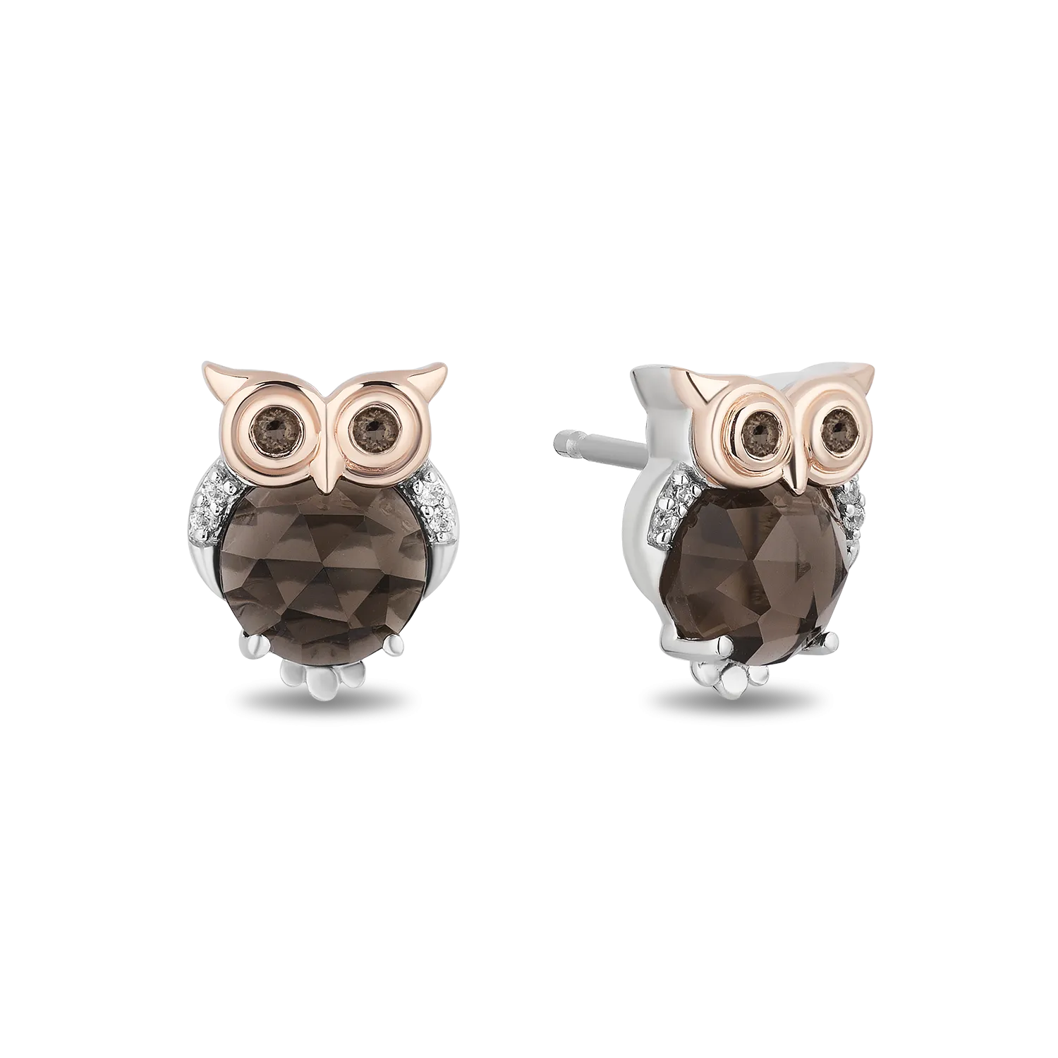 Hallmark Fine Jewelry Sterling Silver and 14K Rose Gold Smokey Quartz Owl Earrings