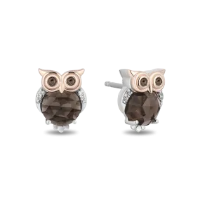 Hallmark Fine Jewelry Sterling Silver and 14K Rose Gold Smokey Quartz Owl Earrings