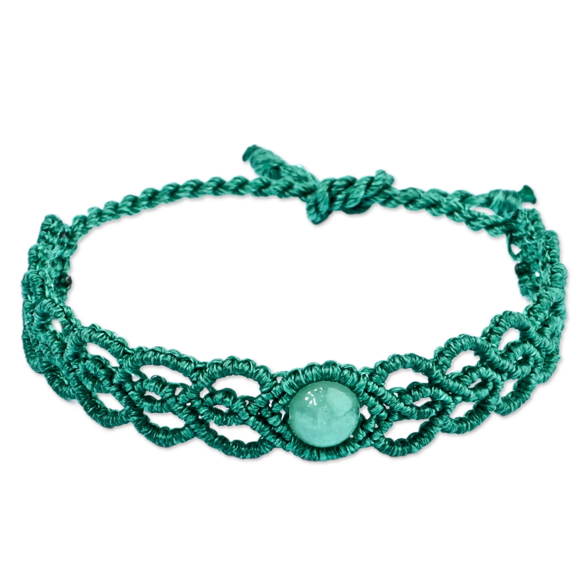 Handmade Aqua Macrame Wristband Bracelet with Jade Pendant - Stylish Aqua | NOVICA