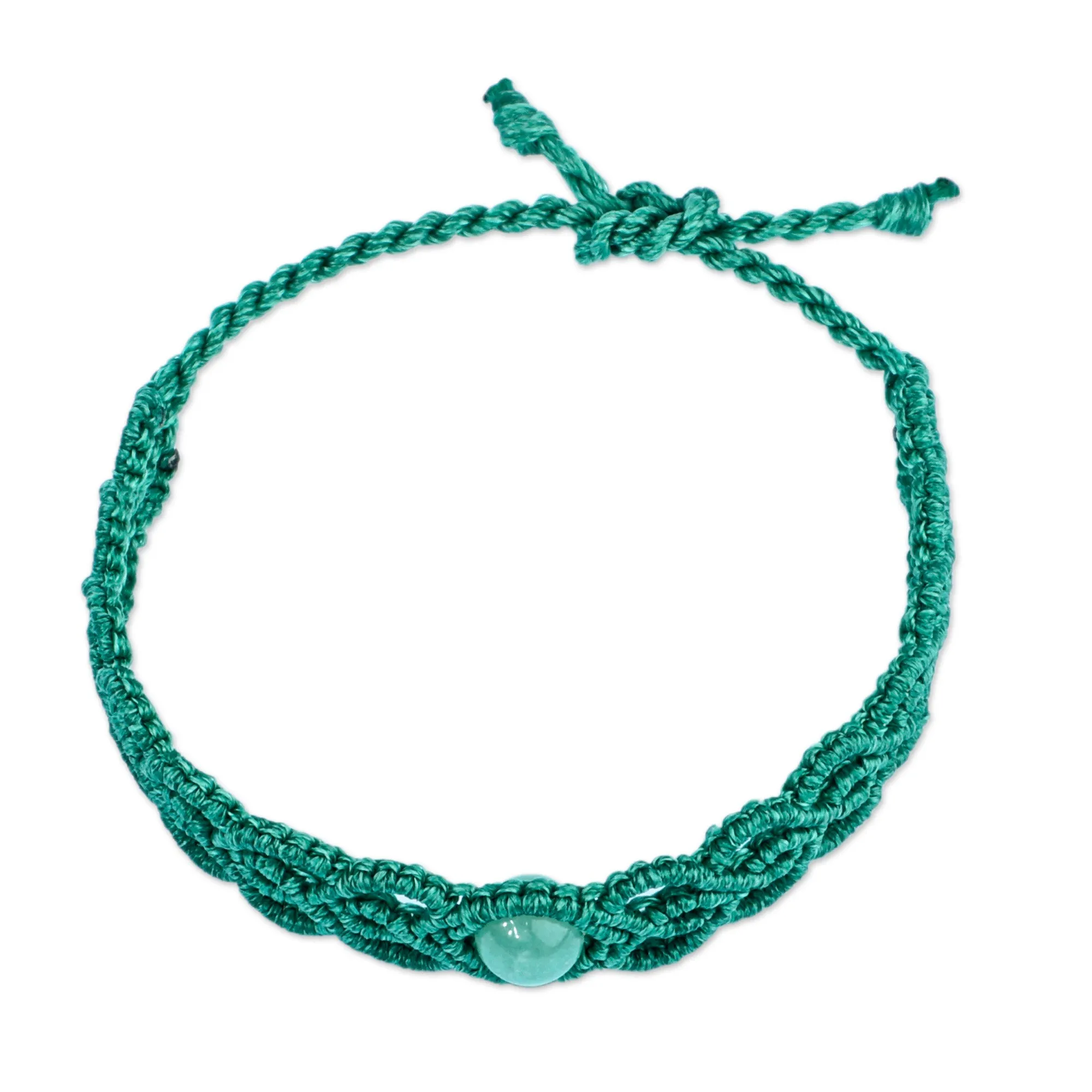 Handmade Aqua Macrame Wristband Bracelet with Jade Pendant - Stylish Aqua | NOVICA