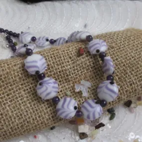 Handmade Artisan Bead  Necklace Amethyst and White Swirled