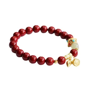 Happiness and Prosperity Sterling Silver Bracelet with Hotan Jade and Cinnabar