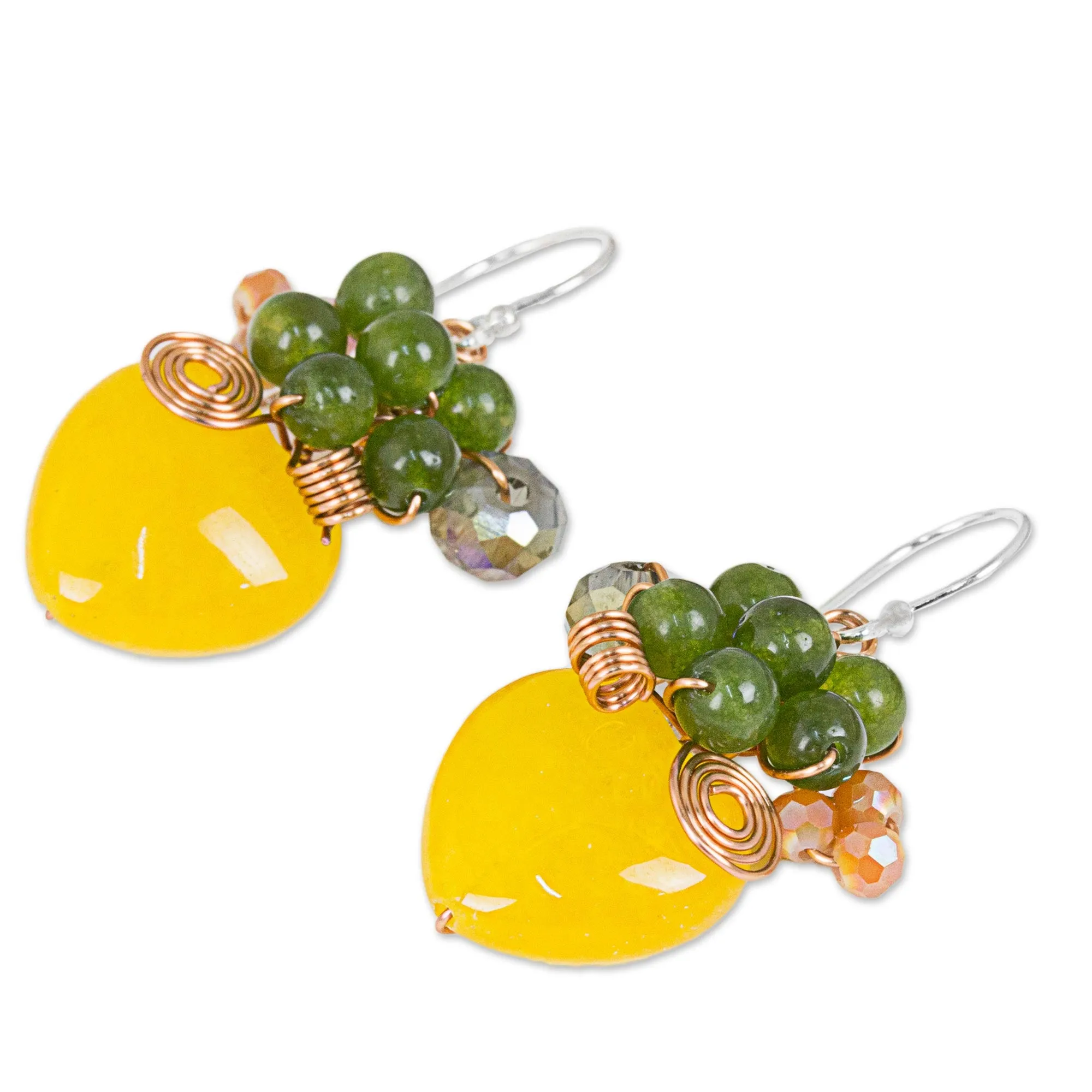 Heart Shaped Yellow Quartz and Glass Bead Dangle Earrings - Love Garden in Yellow | NOVICA