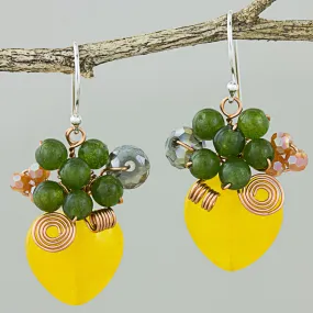 Heart Shaped Yellow Quartz and Glass Bead Dangle Earrings - Love Garden in Yellow | NOVICA