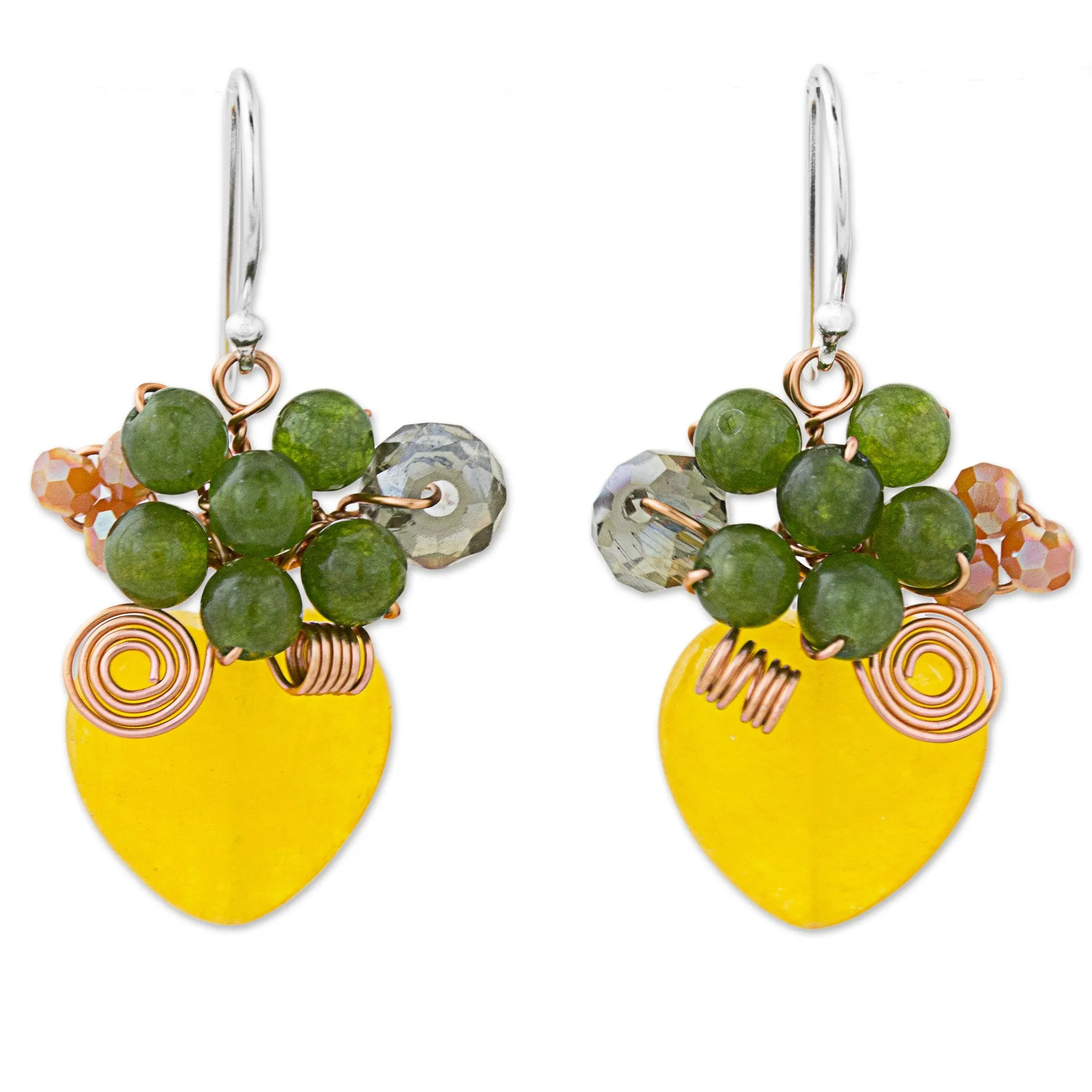 Heart Shaped Yellow Quartz and Glass Bead Dangle Earrings - Love Garden in Yellow | NOVICA