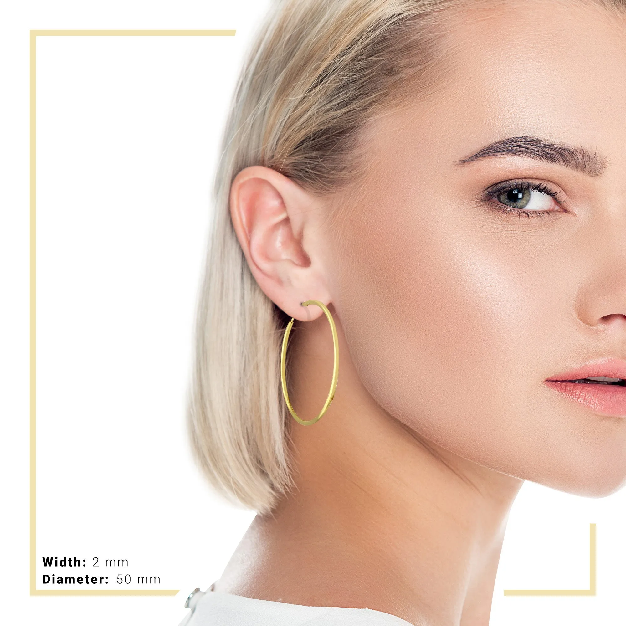 Hoop Earrings 14K Gold Plate 2 mm Hip Hop Hoops Ear Jewelry 25 - 70 mm Women