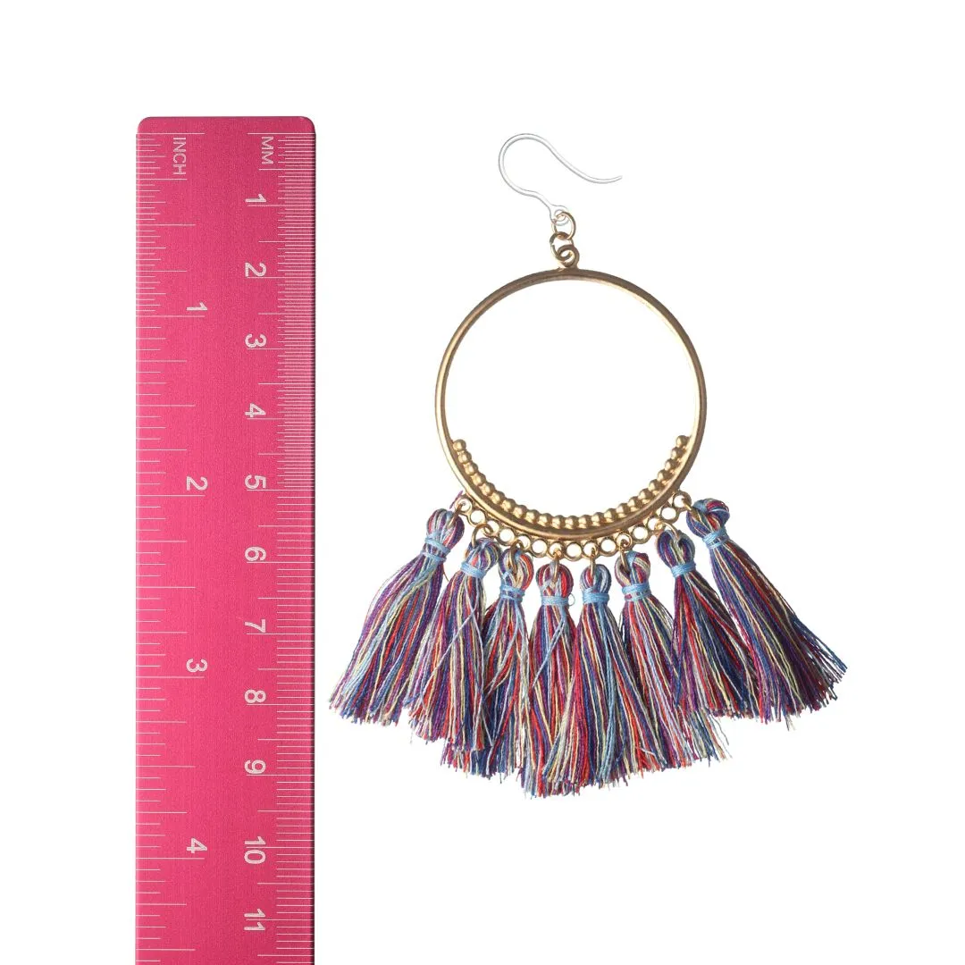 Hoop Multicolor Tassel Dangles Hypoallergenic Earrings for Sensitive Ears Made with Plastic Posts