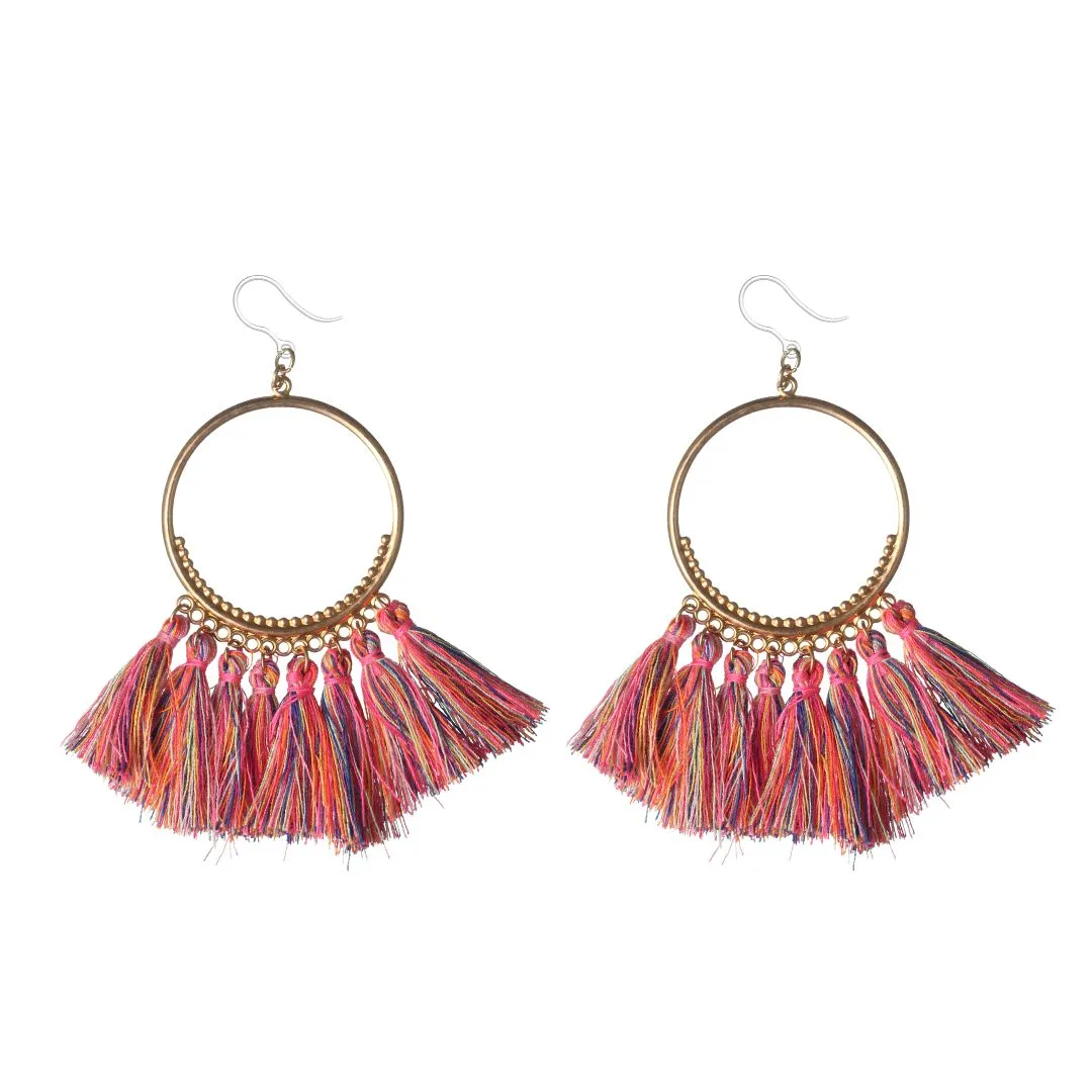 Hoop Multicolor Tassel Dangles Hypoallergenic Earrings for Sensitive Ears Made with Plastic Posts