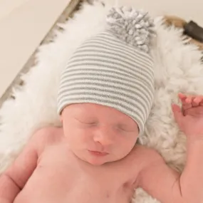 ilybean Striped Gray and White Pom Pom Newborn Boy Hospital Hat - Personalization Optional