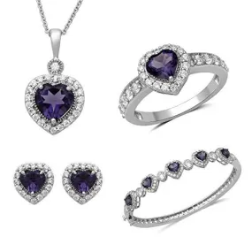 Jewelili Sterling Silver Plated Brass Amethyst and Round Cubic Zirconia 4-Piece Boxed Set