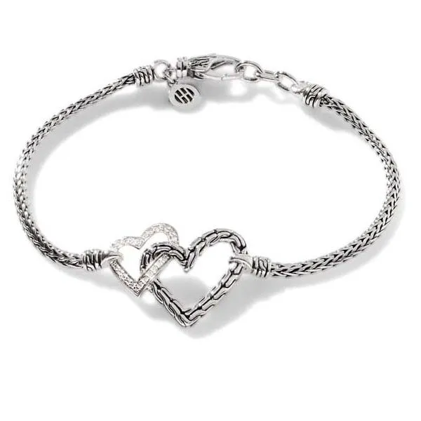 John Hardy .11CTW Classic Chain Manah Diamond Pave' Interlocking Heart Bracelet in Sterling Silver