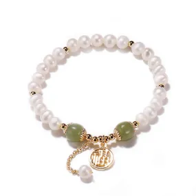 Korean Style Sterling Silver Bracelet with Freshwater Pearl and Jade