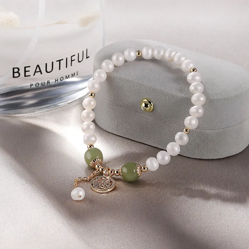 Korean Style Sterling Silver Bracelet with Freshwater Pearl and Jade